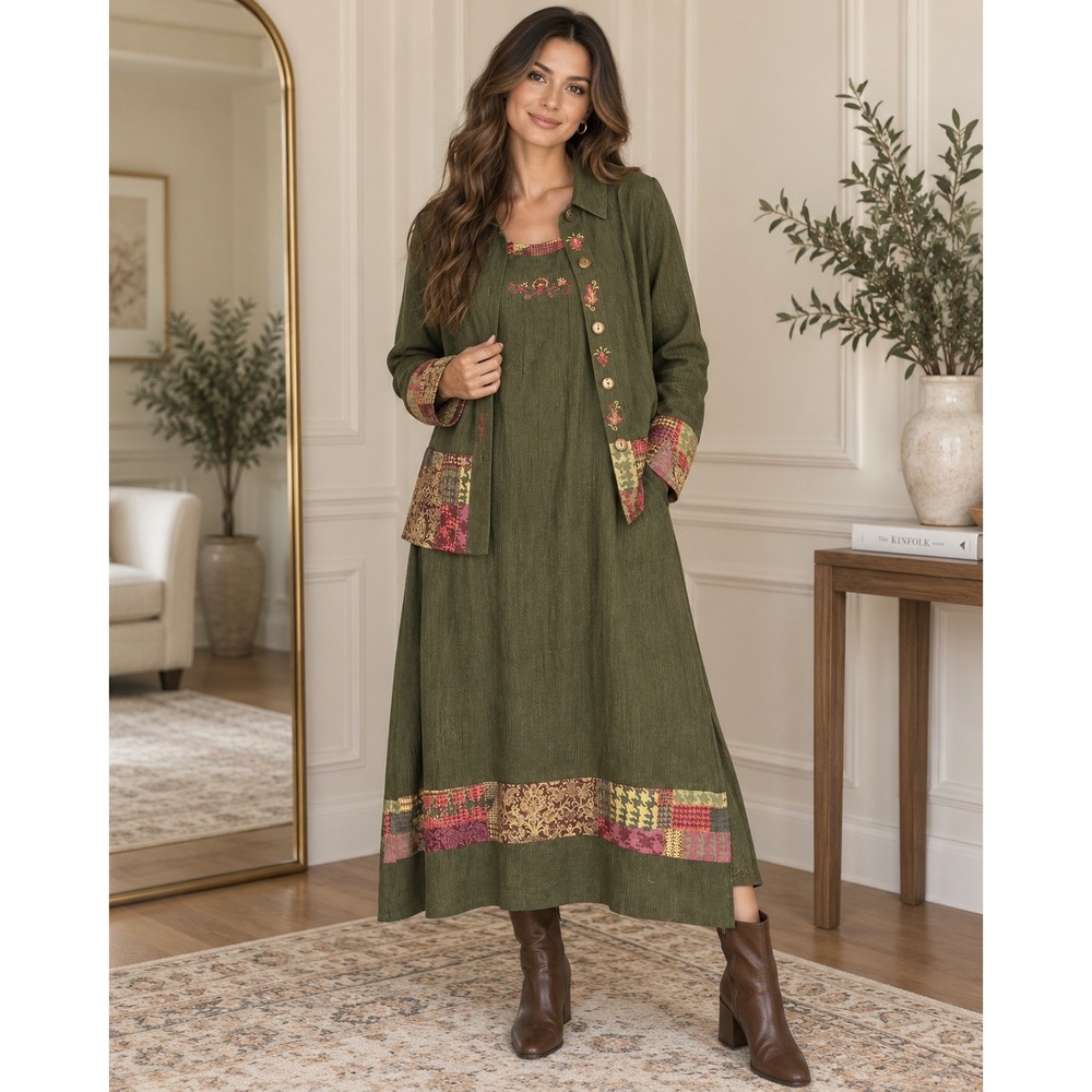 CM Shapes Womens 2 Piece Dress Set Olive Green Patchwork Rayon Boho Large